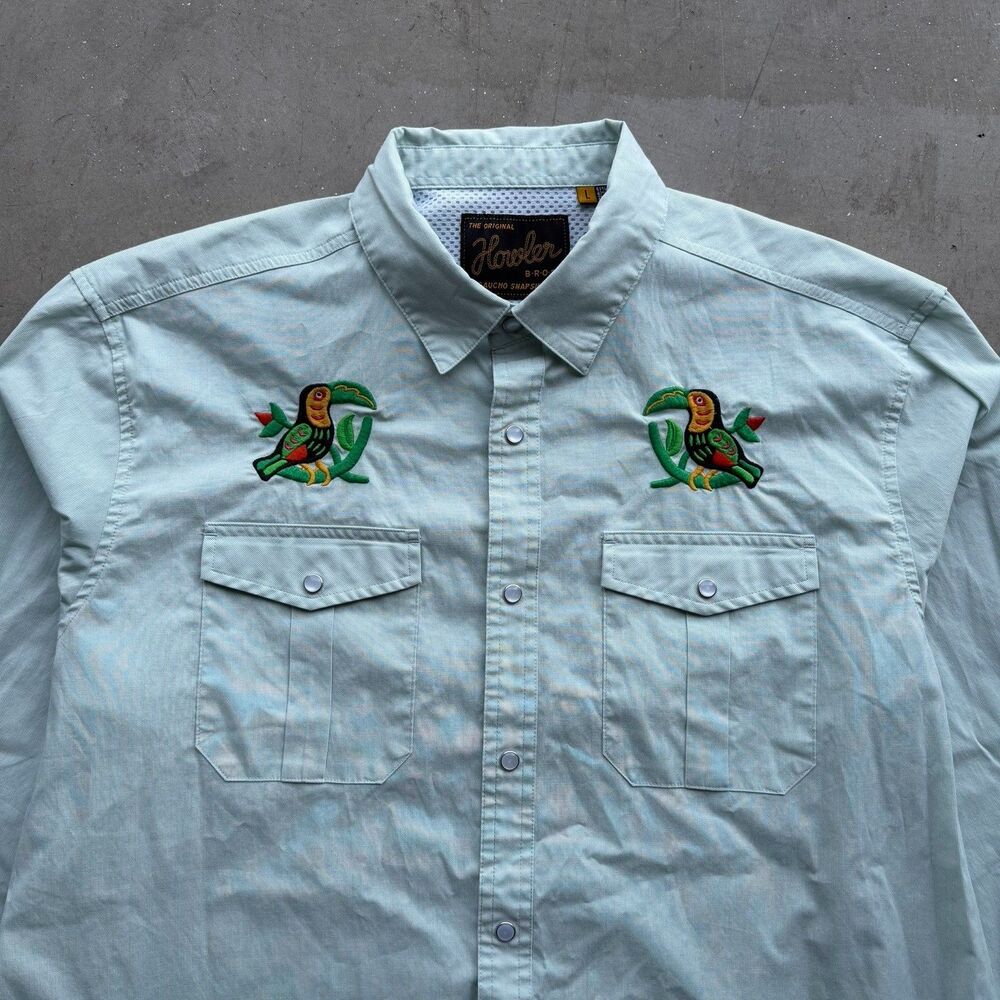 Howler Bros Shirt Mens L Gaucho Snapshirt Pearl Snap Western Parrot Toucan